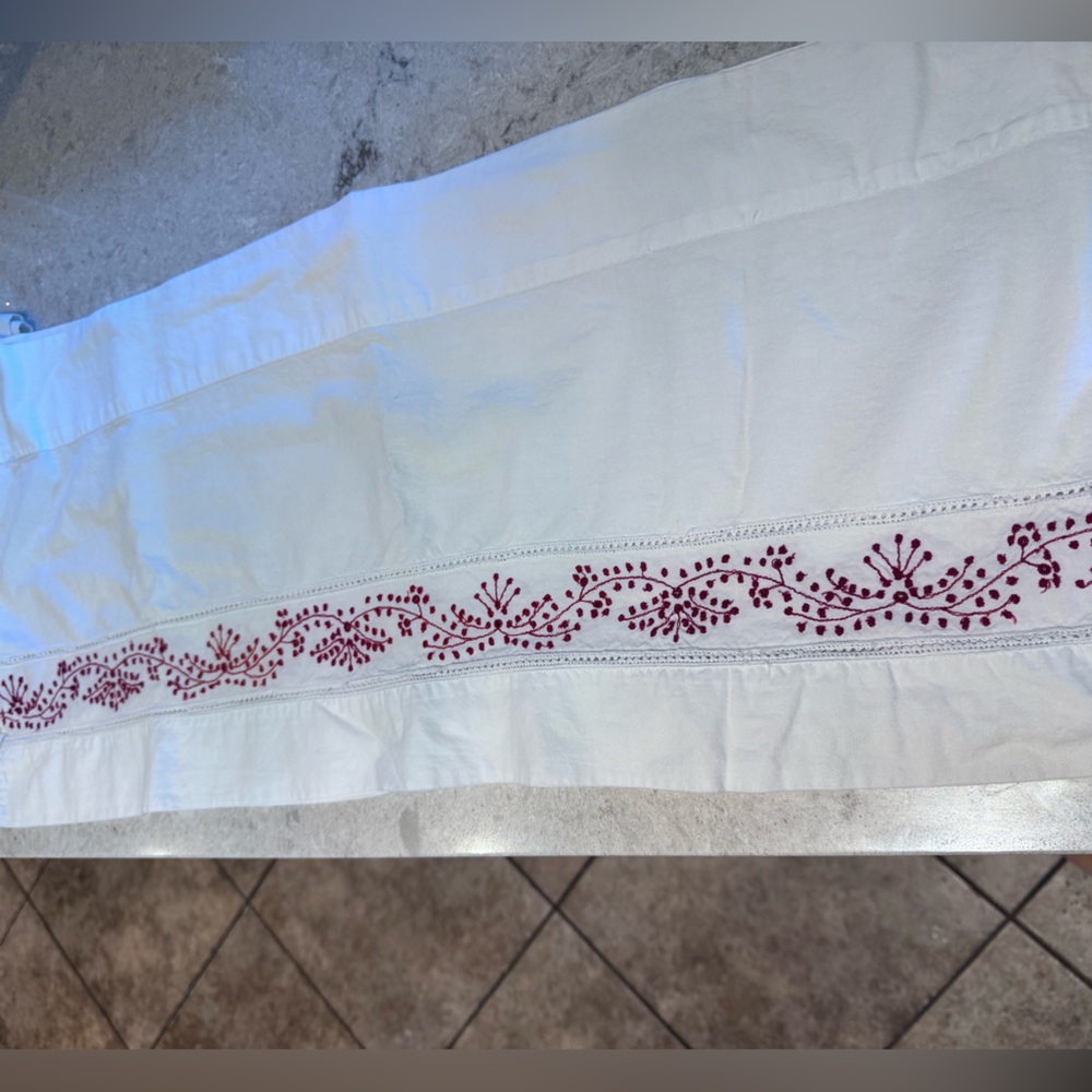 Two Cute Embroidered White table runners with Red Accents- 4 feet 9 inches each